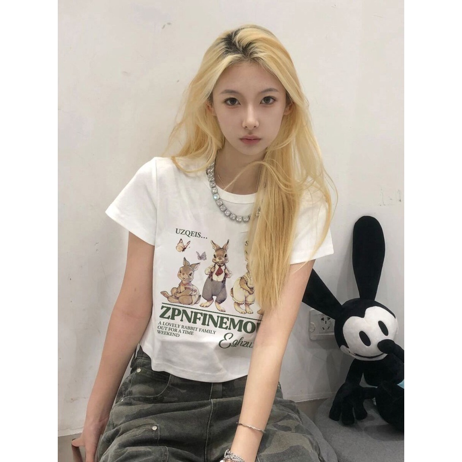 Áo Baby Tee Thun Croptop Nữ  Tay Ngắn In Hình Thỏ Màu Trắng Phong Cách Mới Cho Nữ