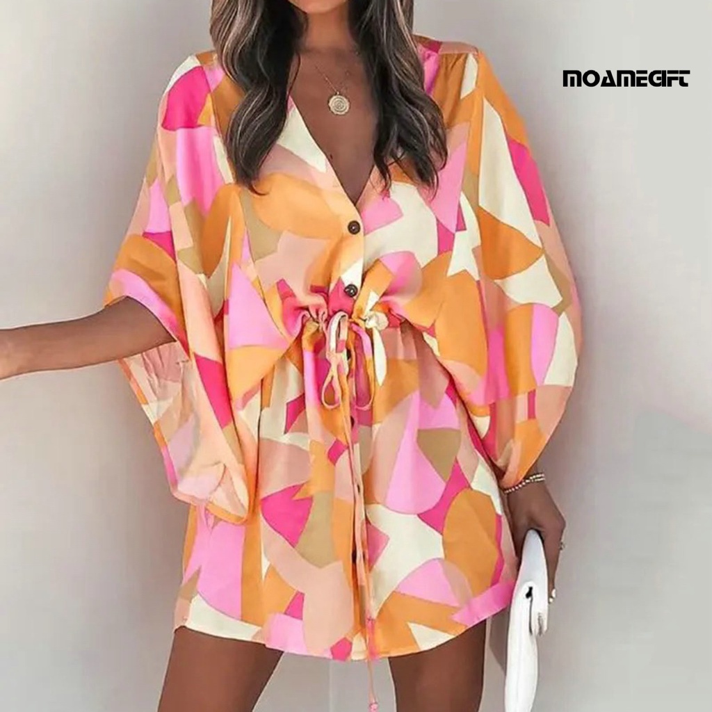 Đầm Tay Bay Cổ Chữ V In Họa Tiết Hình Học Dây Rút Thời Trang Mùa Hè