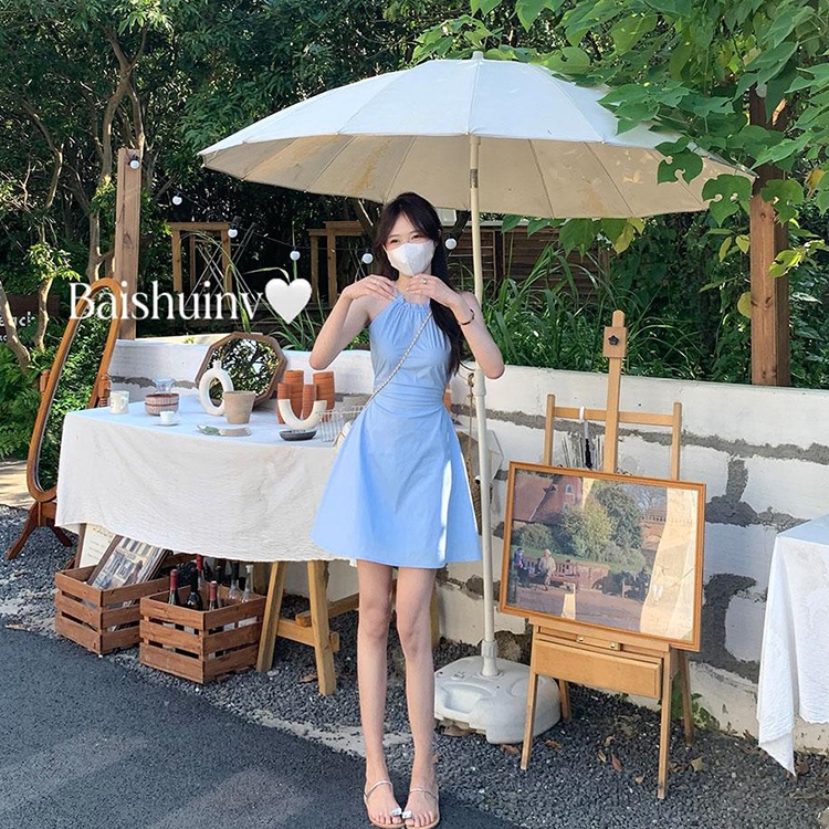 Đầm Ngắn Hai Dây Ôm Dáng Màu Xanh Dương Phong Cách Pháp Thời Trang Mùa Hè Dành Cho Nữ