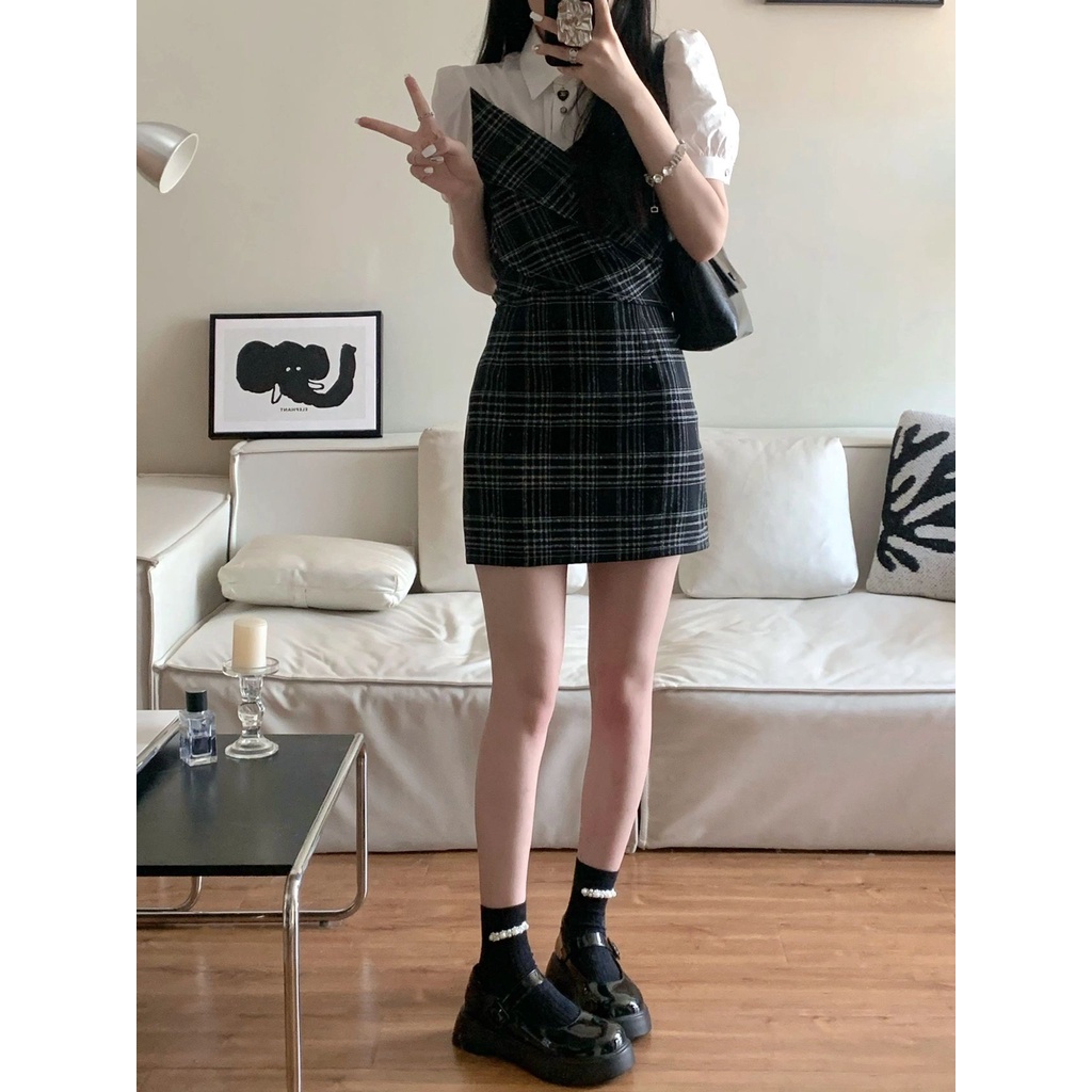Đầm mini Tay Phồng Cài Nút Họa Tiết Sọc Caro Màu Đen Trang Trọng Quyến Rũ Thời Trang Phong Cách Hàn Quốc Cho Nữ