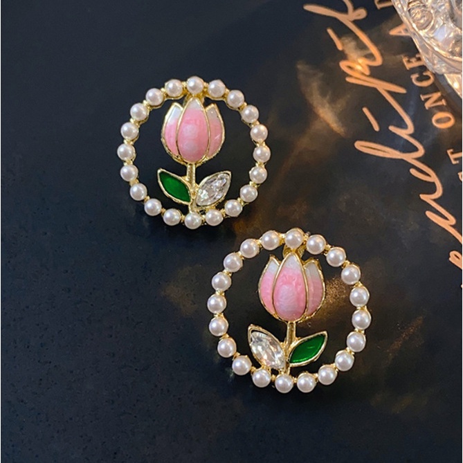 Khuyên Tai Hình Hoa Tulip Đính Ngọc Trai Nhân Tạo Màu Sắc Ngọt Ngào Phong Cách Hàn Quốc Dành Cho Nữ