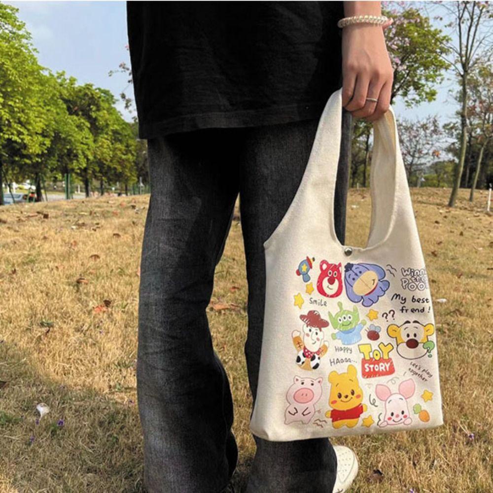 MIQUEL Túi Tote Đeo Vai / Xách Tay Bằng Vải Bạt Sức Chứa Lớn Họa Tiết Gấu Dâu Tây Hoạt Hình Hợp Thời Trang Cho
