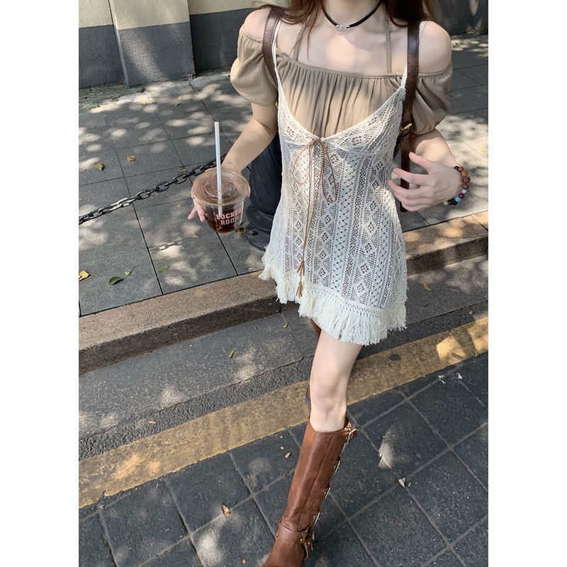 Đầm Ngắn Chữ A Hở Vai + Dây Đeo Cổ Phối Tua Rua Thời Trang Mùa Hè Hàng Mới Dành Cho Bạn Nữ