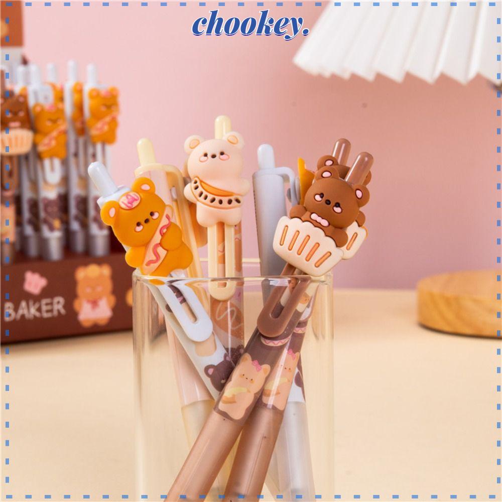 CHOOKEY Set 3 Bút Mực Đen Có Nắp Đậy Mềm Mại Hình Chú Gấu Dễ Thương
