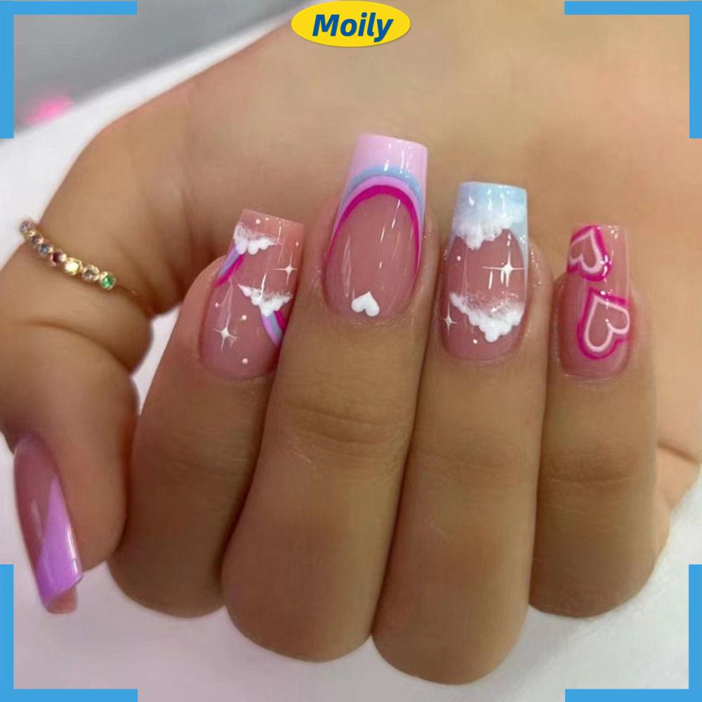 MOILYVN Set 24 Móng Tay Giả Dạng Nhấn Họa Tiết Đám Mây Nhiều Màu Sắc