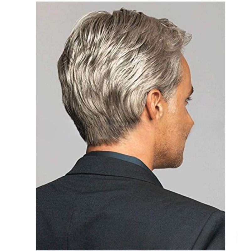 Tóc Giả Ngắn Thẳng Màu Xám Bạc Thời Trang Cho Nam Trung Niên