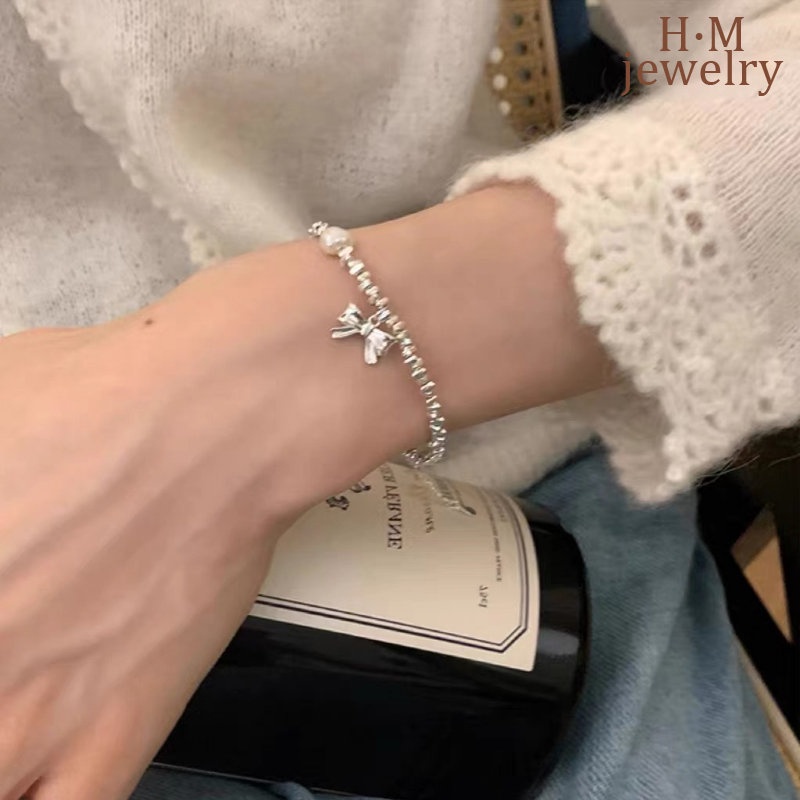 Vòng Tay Mạ Bạc 925 Hình Nơ Đính Ngọc Trai Đơn Giản Dễ Phối Đồ