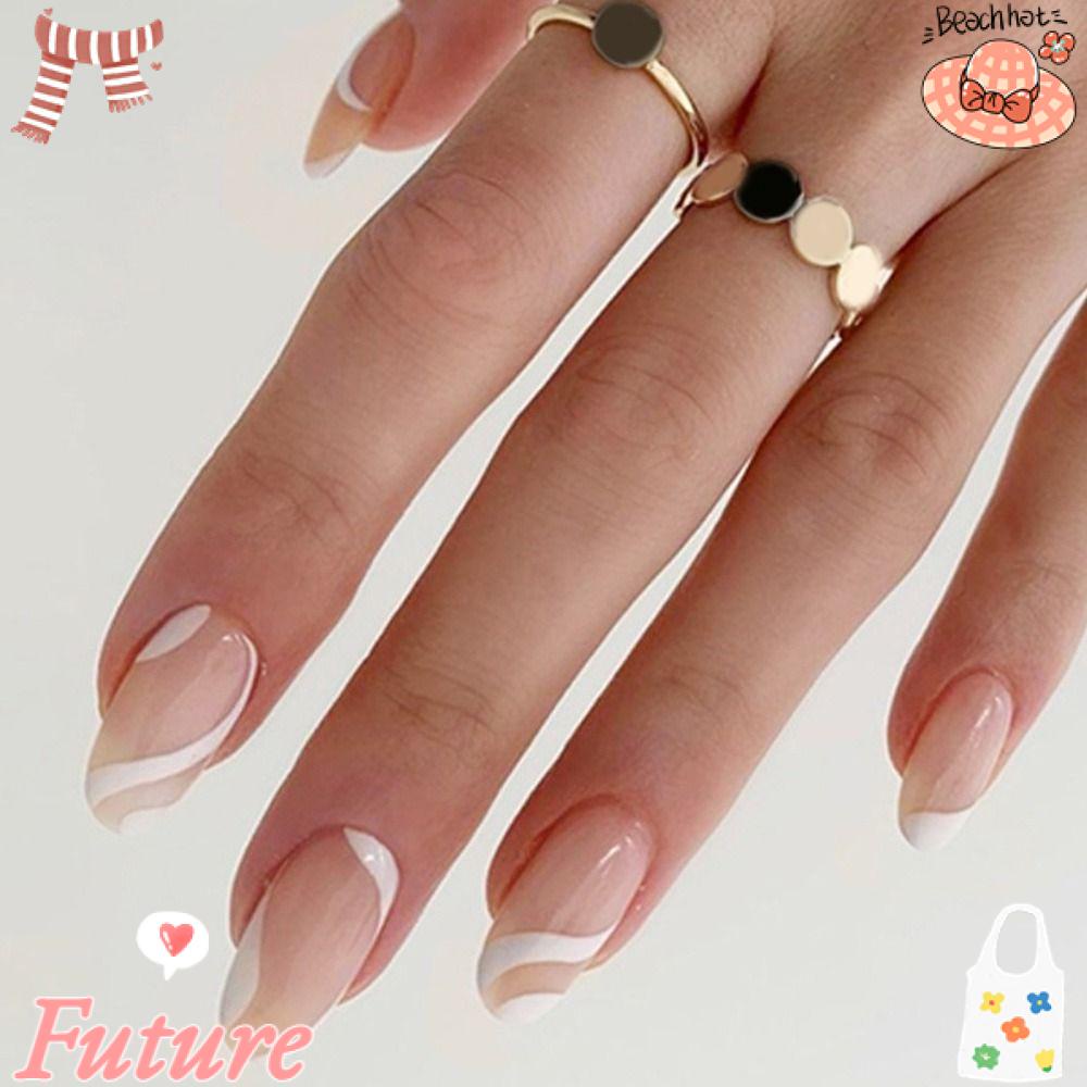 FUTURE Bộ 24 Móng Tay Giả Có Thể Tháo Rời Đính Ruy Băng Trắng DIY