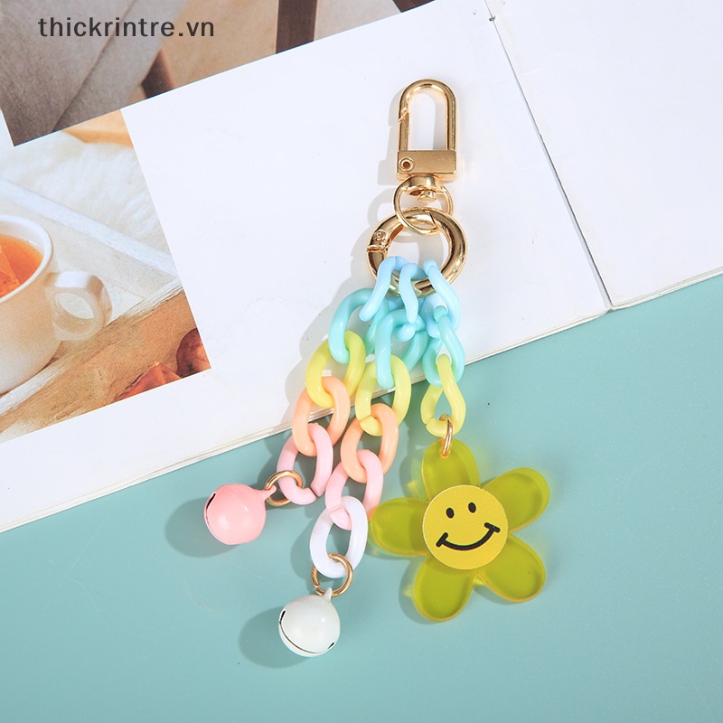 Móc Khóa Dây Xích Acrylic Mặt Hoa Biểu Tượng Cảm Xúc Màu Kẹo Kèm Chuông Thời Trang Sáng Tạo Dành Cho Bạn Nữ V