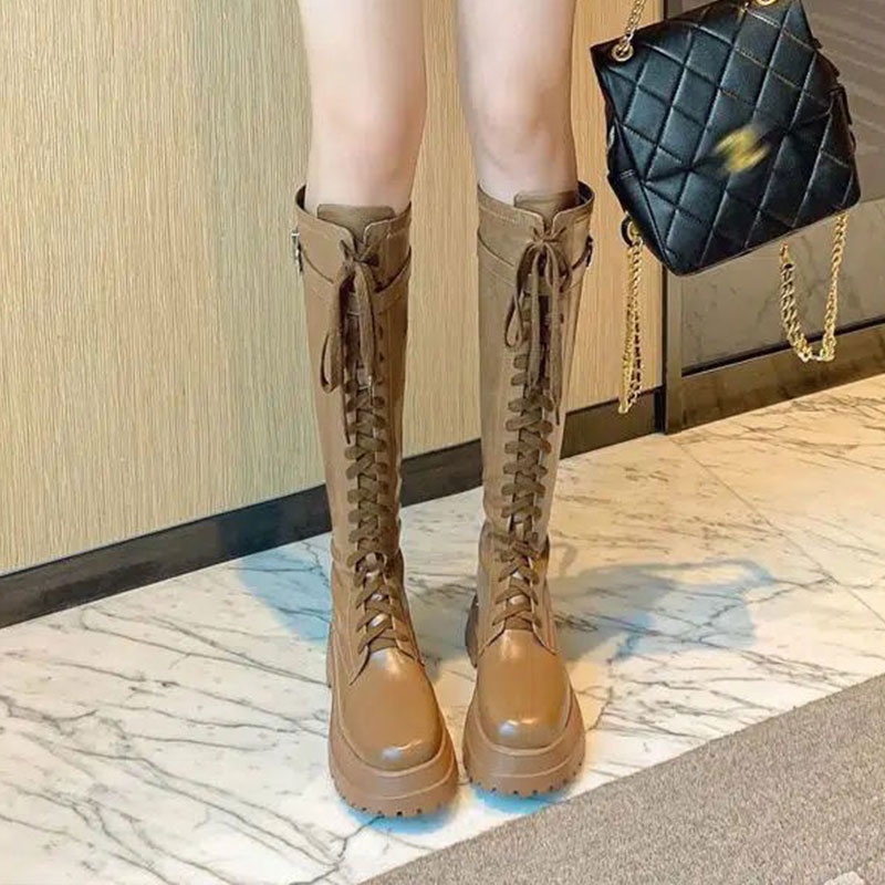 Giày bốt cao LAVINA CARPIO màu trơn buộc dây thời trang dành cho nữ