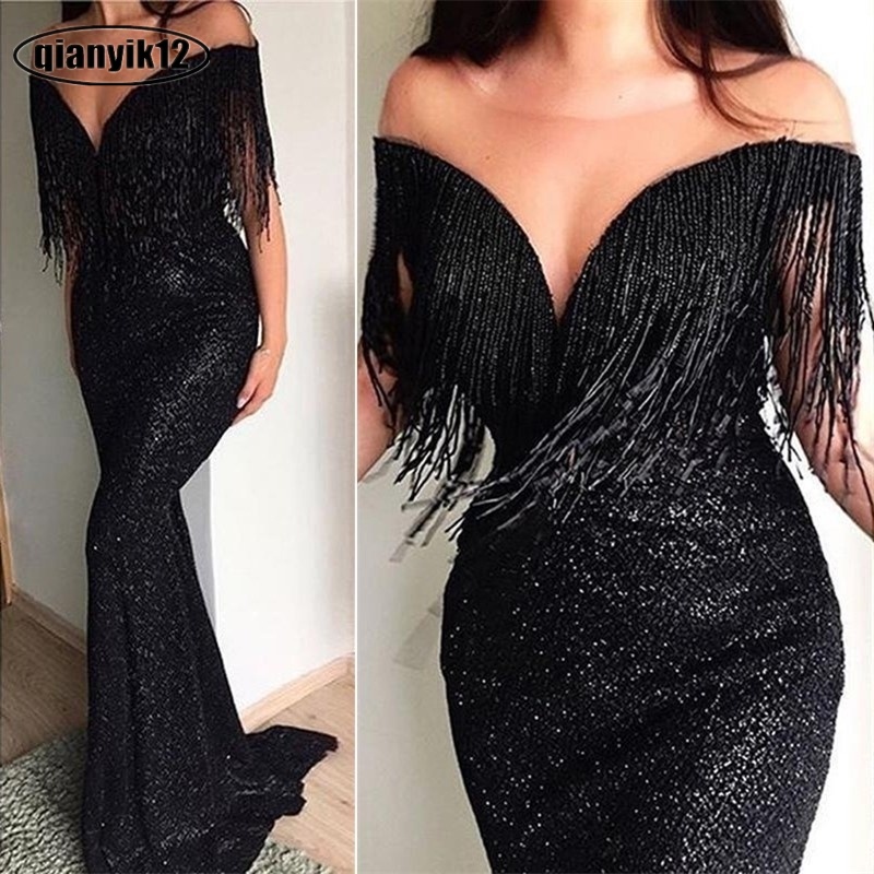 Đầm DàI Cổ Chữ V KhoéT Sâu, MàU Đen DàNh Cho Nữ