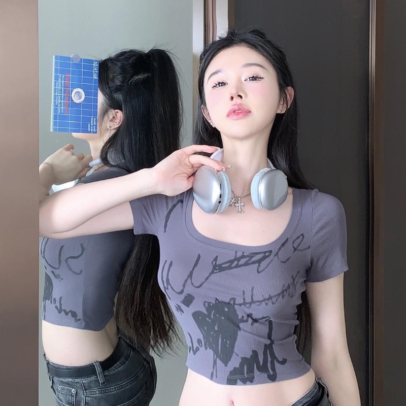 COZOK Áo Thun Crop Top Tay Ngắn Cổ Chữ U Dễ Phối Đồ Hợp Thời Trang