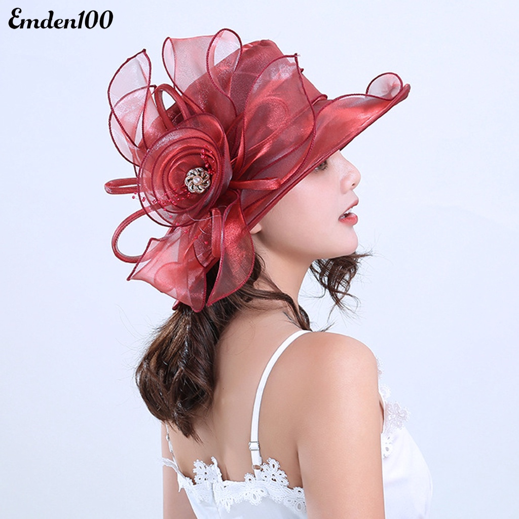 Mũ Vành Rộng Chống Nắng Đính Hoa Phối Lưới Thời Trang Đi Biển Cho Nữ