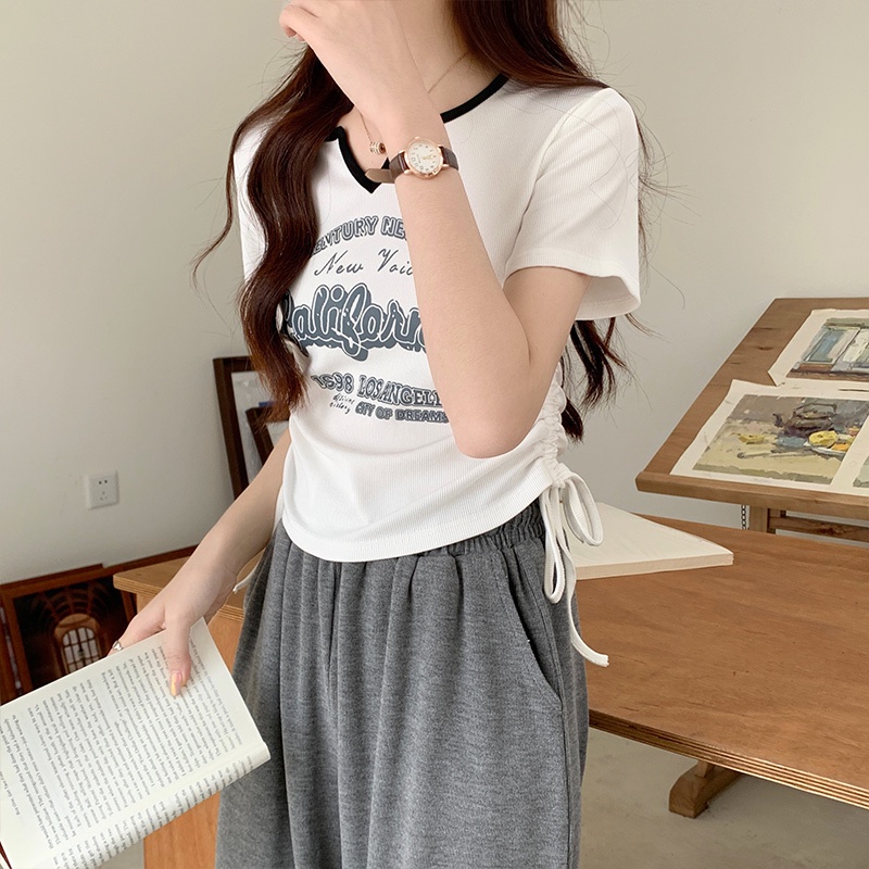 Áo Thun Tay Ngắn Cổ Chữ V In Họa Tiết monogram Tương Phản Thời Trang Hàn Quốc Cho Nữ