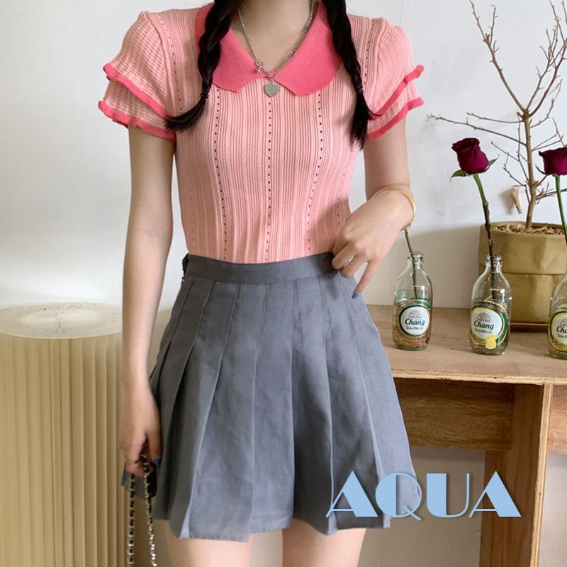 Áo Dệt Kim Tay Ngắn Cổ Búp Bê Màu Sắc Tương Phản Thời Trang Cho Nữ