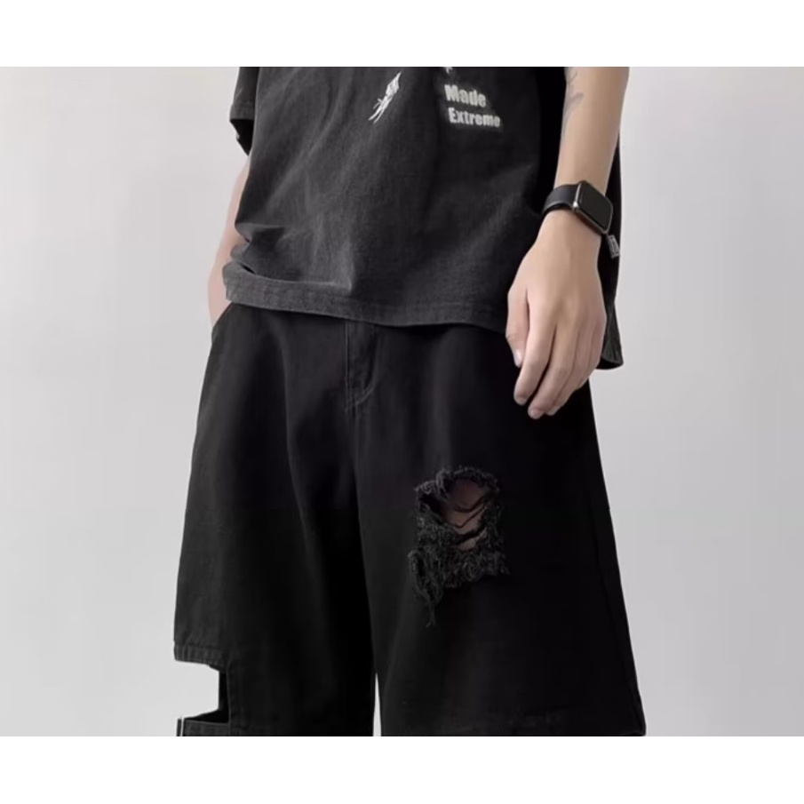 Quần Short Denim Phối Rách Thời Trang Mùa Hè Mới 2023 Phong Cách Retro Mỹ 56 Sáu Điểm