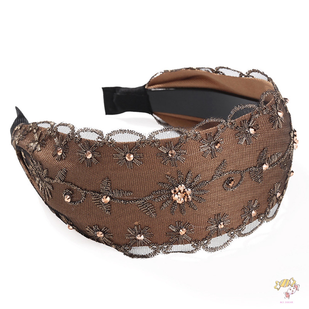 YADORNOS  Băng Đô Cài Tóc Bản Rộng Thêu Họa Tiết Đính Pha Lê