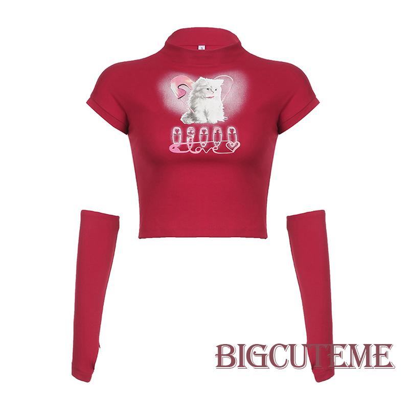 Áo Thun Lửng Tay Ngắn Cổ Cao In Hình Mèo Thời Trang Cho Nữ