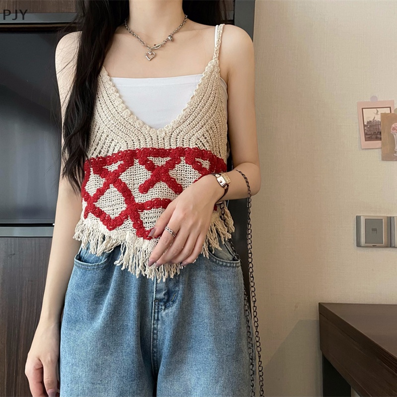 Áo Dệt Kim Không Tay Cổ Chữ V Phối Tua Rua Thời Trang Mùa Hè Vintage Dành Cho Nữ PJ