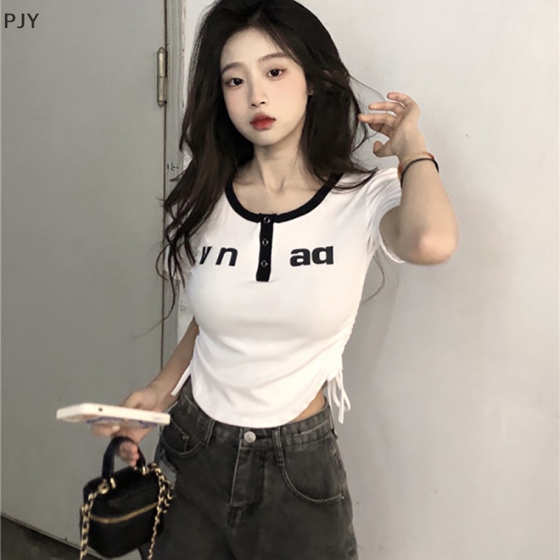 Áo Thun Ngắn Tay Cổ Tròn In Chữ Rút Dây Phong Cách Retro Mỹ Cho Nữ PJ