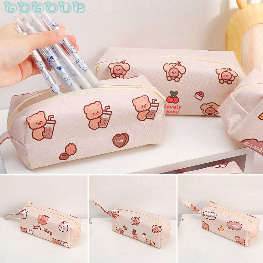 GOGOUP Túi Đựng Bút Bằng Vải Canvas Đa Năng Họa Tiết Gấu Hoạt Hình Dễ Thương