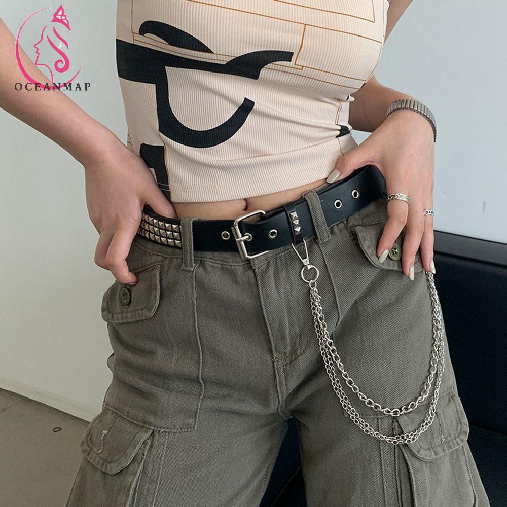 OCEANMAP Thắt Lưng Da PU Y2K Đính Đinh Tán Kim Loại Phong Cách Punk Hàn Quốc