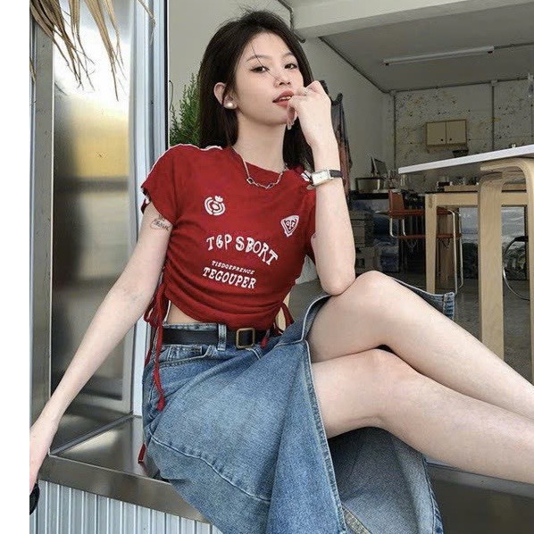 Áo croptop nữ in kiểu phối dây rút eo cá tính chất vải thun gân len Free Size