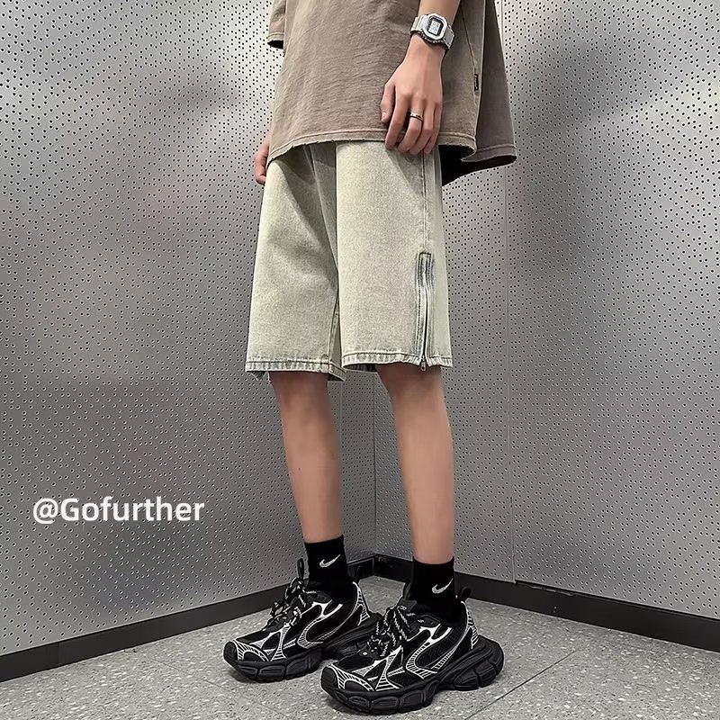 Quần Short Denim Dáng Rộng Viền Khóa Kéo Phong Cách Đường Phố Mùa Hè Đơn Giản Cho Nam