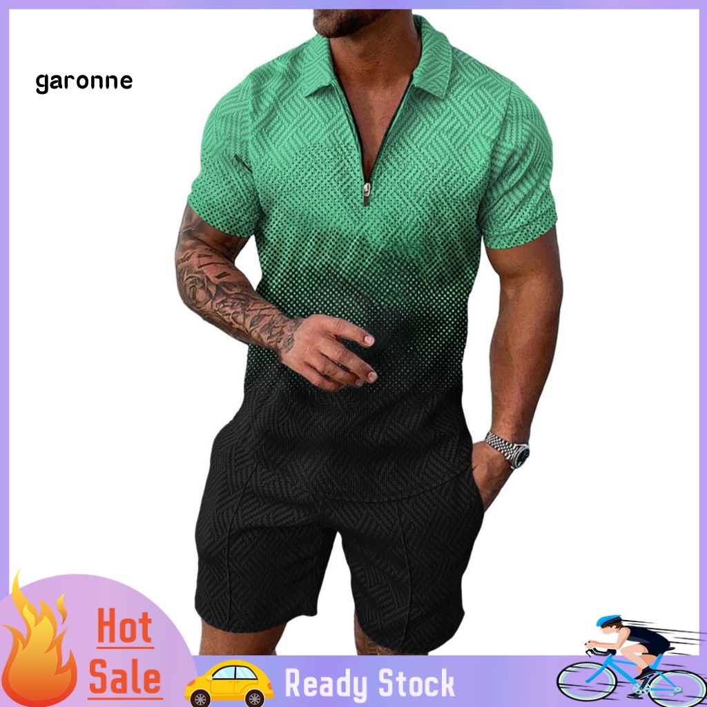 Set 2 Món Áo Thun Tay Ngắn Cổ Bẻ Dáng Rộng Có Khóa Kéo + Quần Short Thời Trang Cho Nam