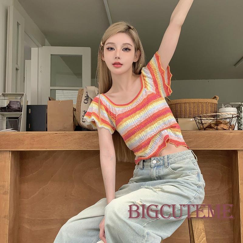 Áo Thun Lửng Ngắn Tay Họa Tiết Sọc Ngang Thời Trang Dành Cho Nữ