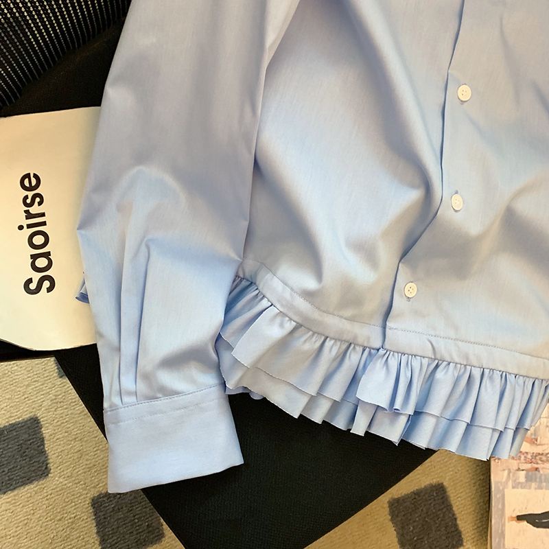 Áo Sơ Mi Tay Dài Phối Bèo Màu Xanh Dương Cỡ Lớn 150kg Phong Cách Pháp Thời Trang Cho Nữ