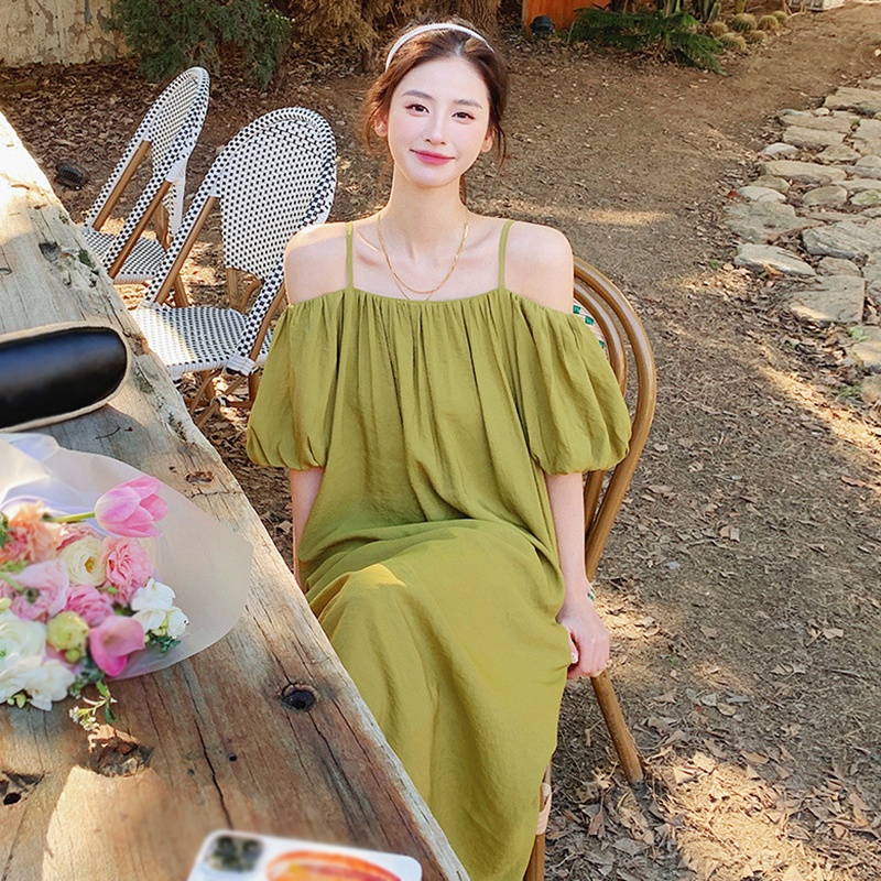 Đầm Dài Dáng Rộng Hở Vai Màu Sắc Trơn Thời Trang Dành Cho Nữ