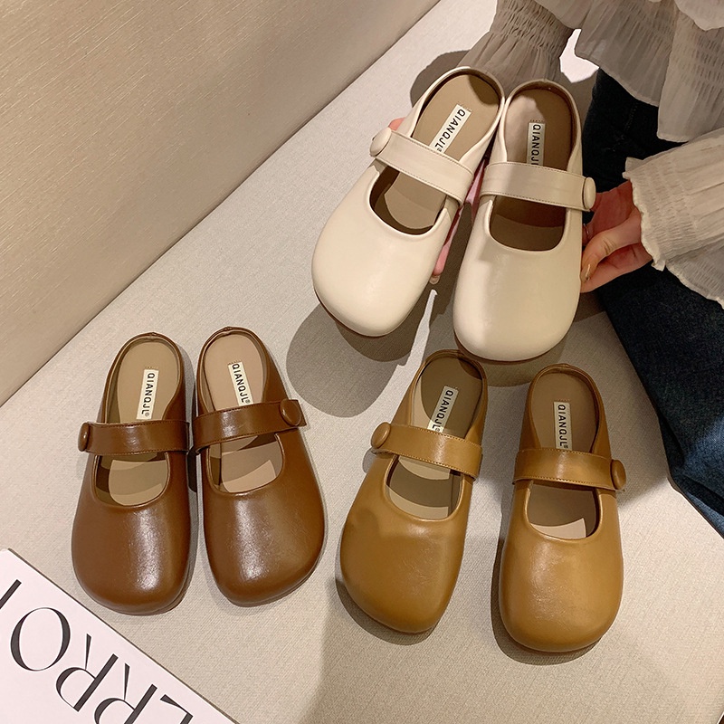 Dép Da Bít Mũi Phong Cách Retro Nhật Bản Thời Trang Xuân Hè Cho Nữ