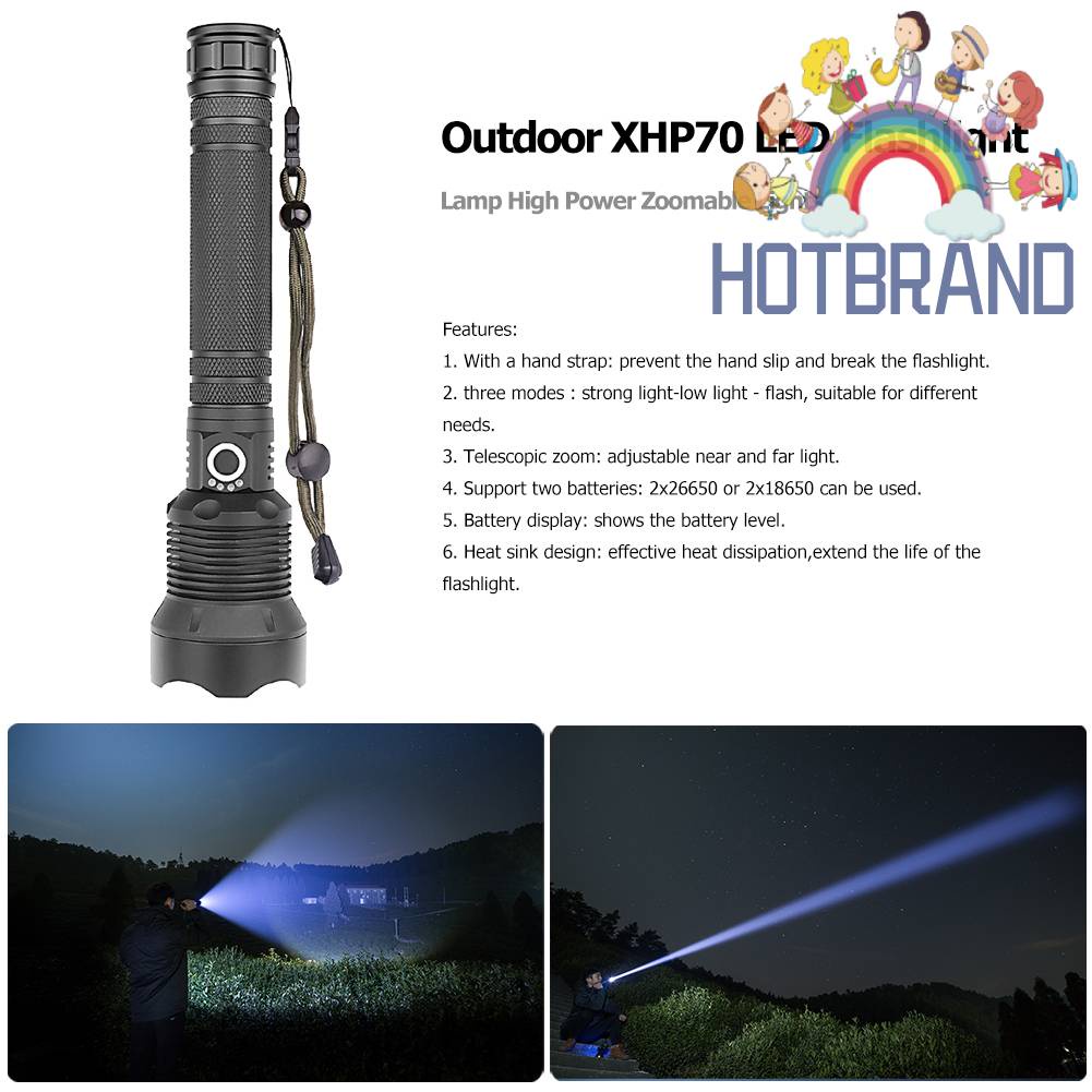 Đèn Pin XHP70 LED 3 Chế Độ 2000LM Chống Thấm Nước IPX4 Sạc USB Tiện Dụng