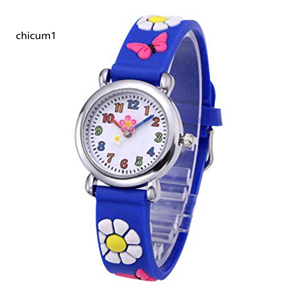 Đồng Hồ Analog Máy Quartz Mặt Tròn Họa Tiết Hoa Bướm Dây Silicone Cho Bé