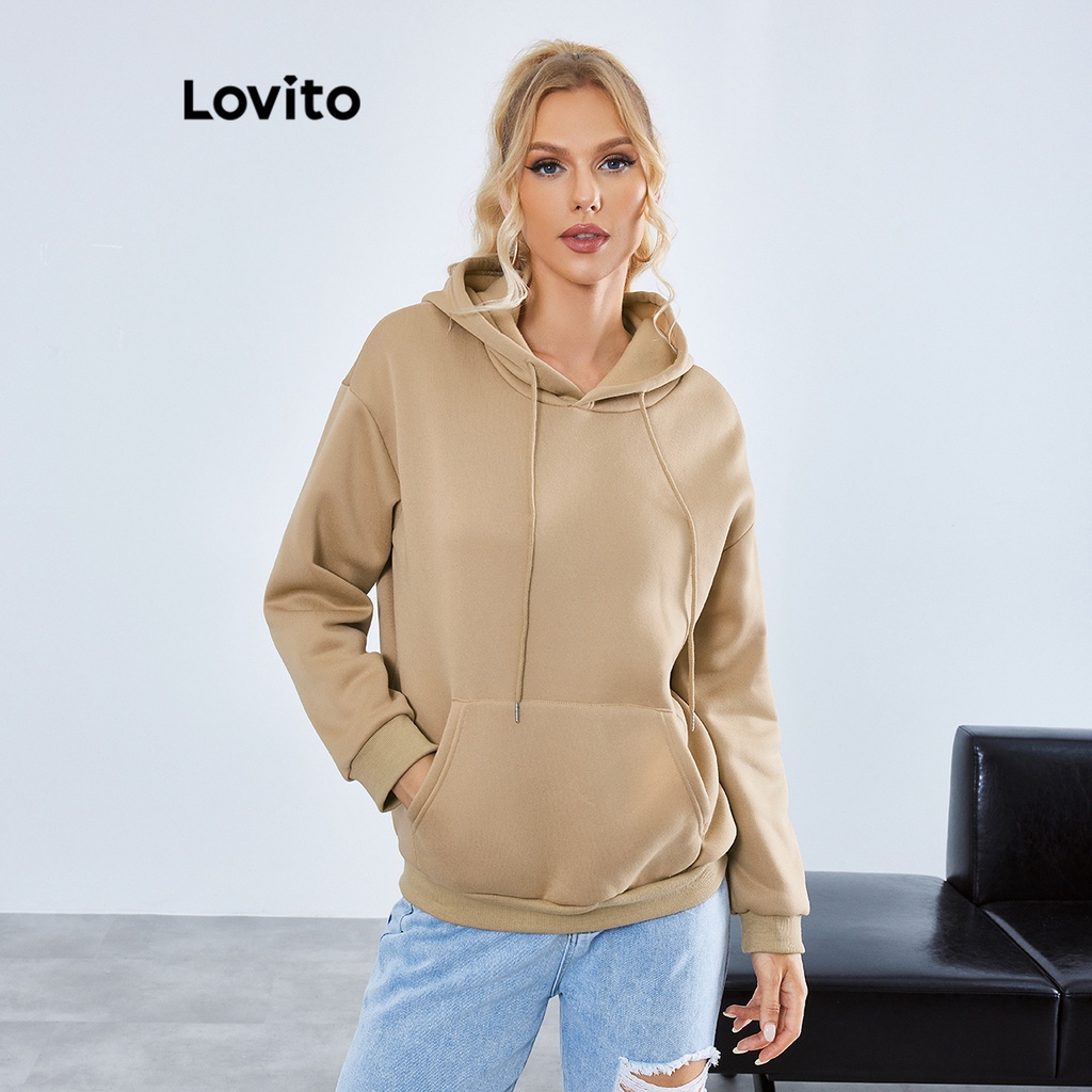 Lovito Áo dây rút có túi màu trơn giản dị cho nữ LBE01085 (Kaki)