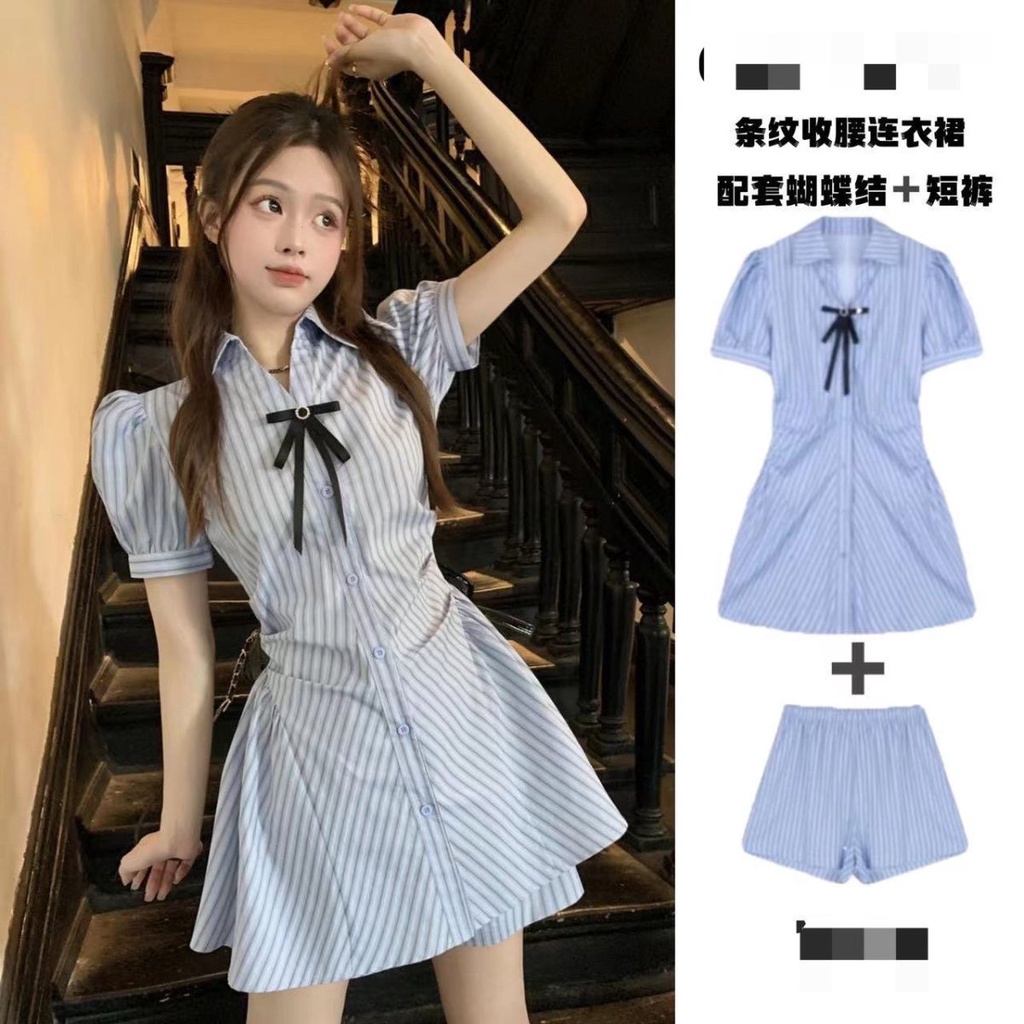 Set Áo Váy Kẻ Sọc Dọc Phong Cách Preppy Thời Trang Mùa Hè Mới Cho Nữ
