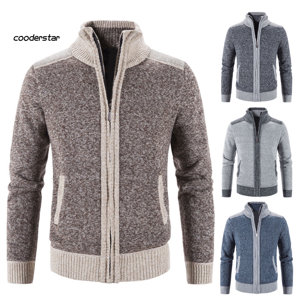 Áo Khoác Sweater Dệt Kim Tay Dài Cổ Đứng Khóa Kéo Phối Màu Cá Tính Cho Nam