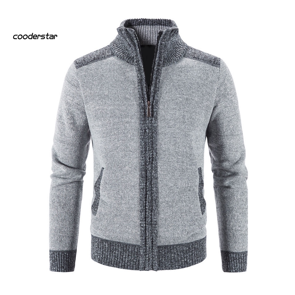 Áo Khoác Sweater Dệt Kim Tay Dài Cổ Đứng Khóa Kéo Phối Màu Cá Tính Cho Nam