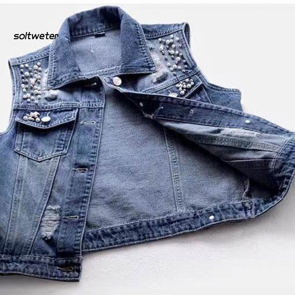 Áo Khoác Denim Sát Nách Màu Trơn Cài Một Hàng Nút Có Túi Và Lỗ Xỏ Hạt Trang Trí Đường Phố Cho Nữ