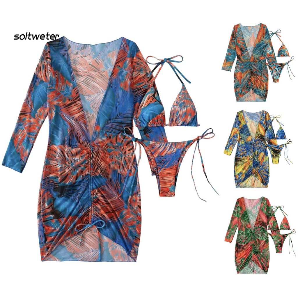 Bộ Đồ Bơi Bikini 3 Mảnh Tay Dài Bằng Polyester In Họa Tiết Thời Trang Kèm Dây Đeo Cho Nữ