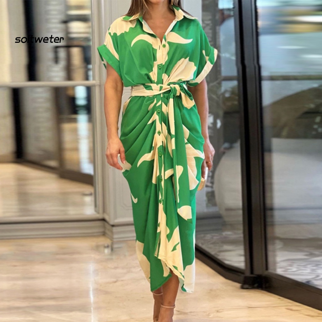 Đầm Sơ Mi Tay Ngắn Cổ Chữ V Eo Cao In Họa Tiết Lá Cây Nhiều Màu Sắc