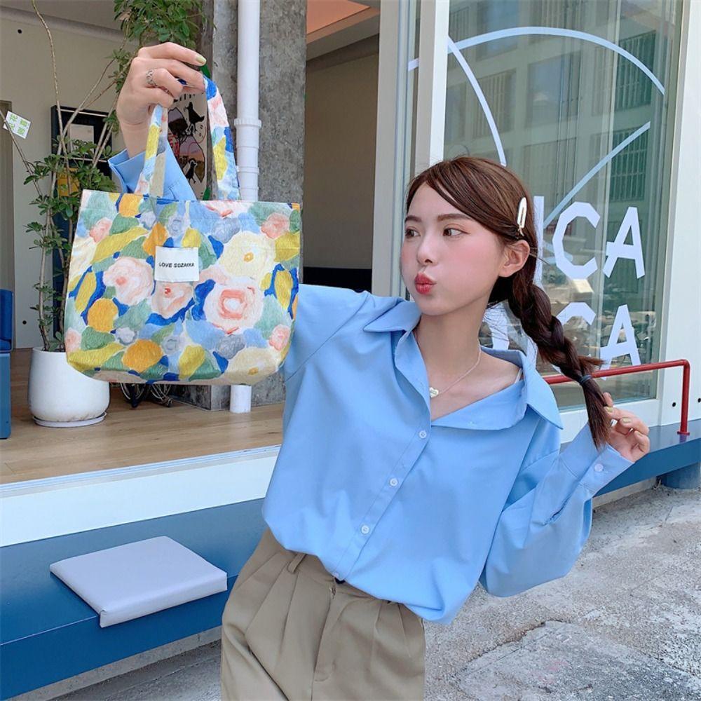 MIQUEL Túi Tote Vải Canvas Họa Tiết Hoa Tulip Sơn Dầu Đa Năng Phong Cách Nhật Bản Cho Nữ