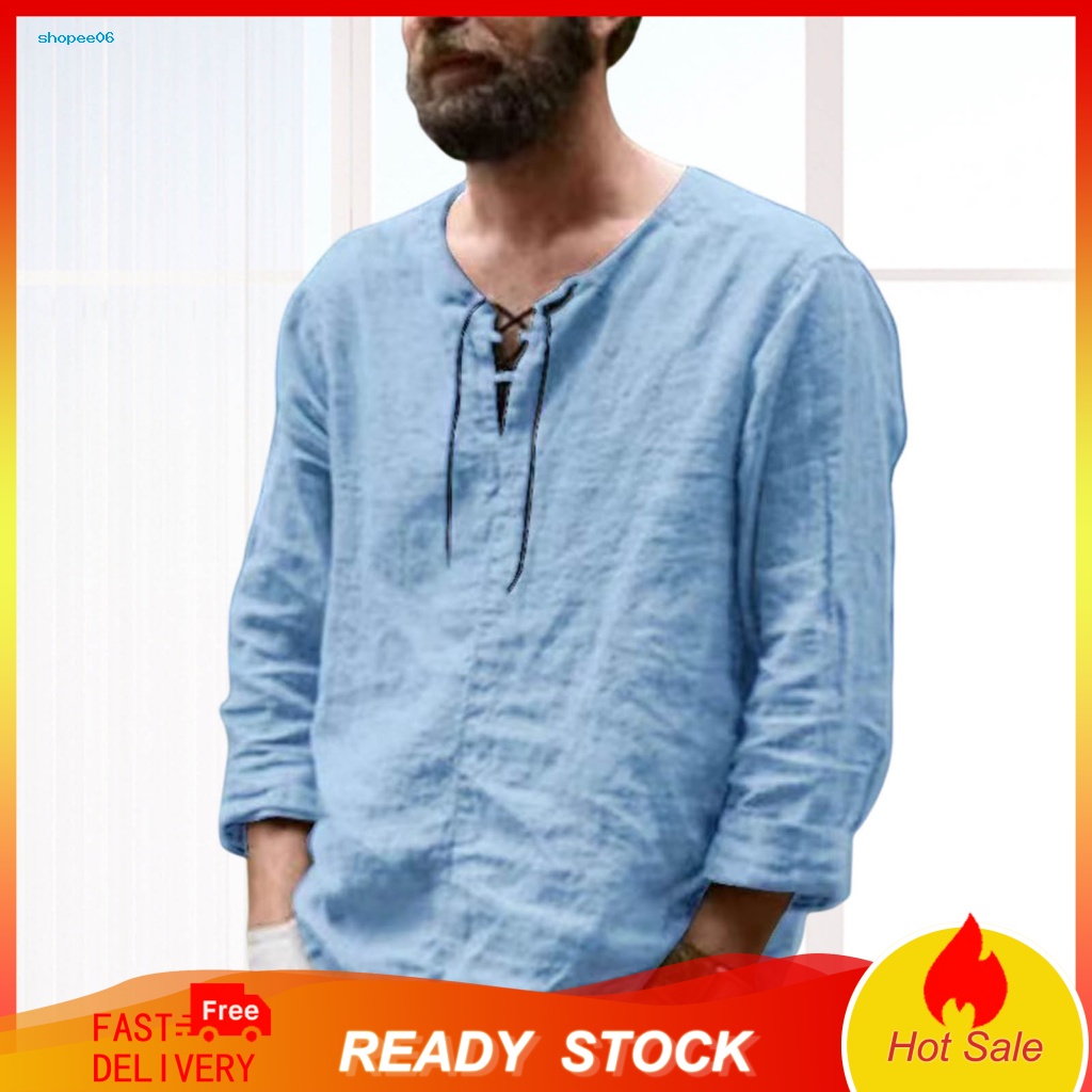 Áo Thun Tay Dài Cổ Tròn Dáng Rộng Màu Trơn Phối Dây Rút Phong Cách Vintage Thời Trang Mùa Hè Cho Nam