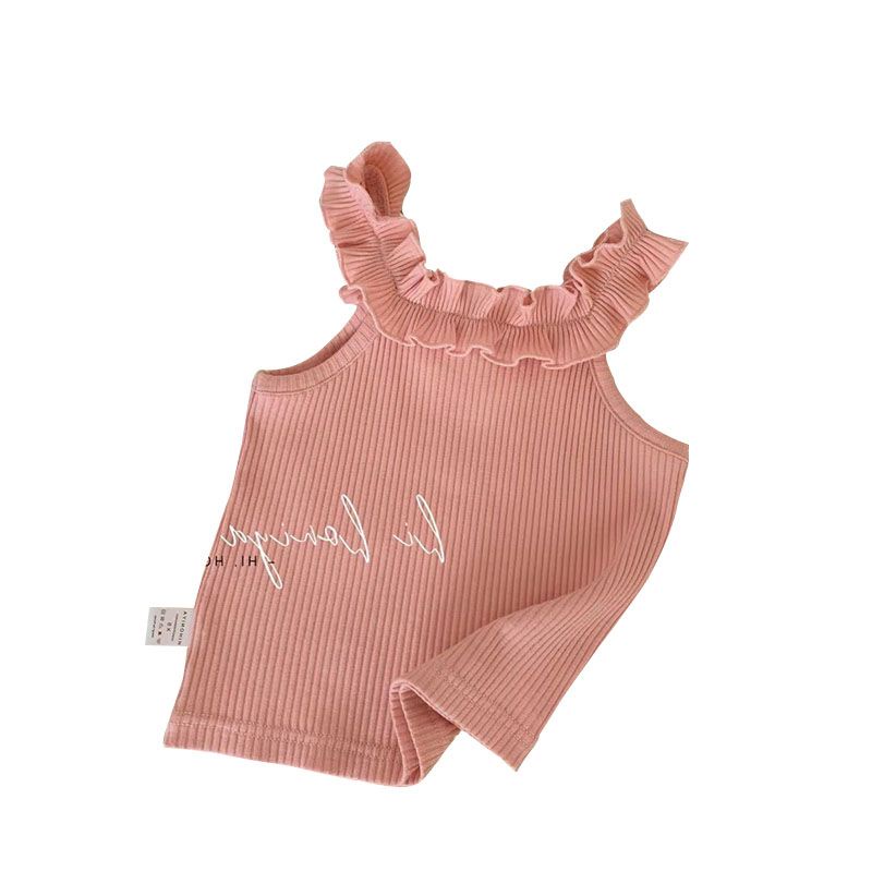 Áo Hai Dây Mùa Hè Nhỏ Màu Trơn Cổ Ren Cho Bé Gái