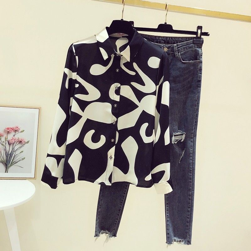 Áo Sơ Mi Chiffon Tay Dài In Họa Tiết Màu Tương Phản Thời Trang Mùa Thu 2023 Cho Nữ