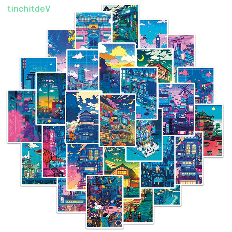 [TinchitdeV] Set 50 Miếng Dán Trang Trí Vali / Điện Thoại / Máy Tính Bảng Họa Tiết Phong Cảnh Đêm Graffiti DIY