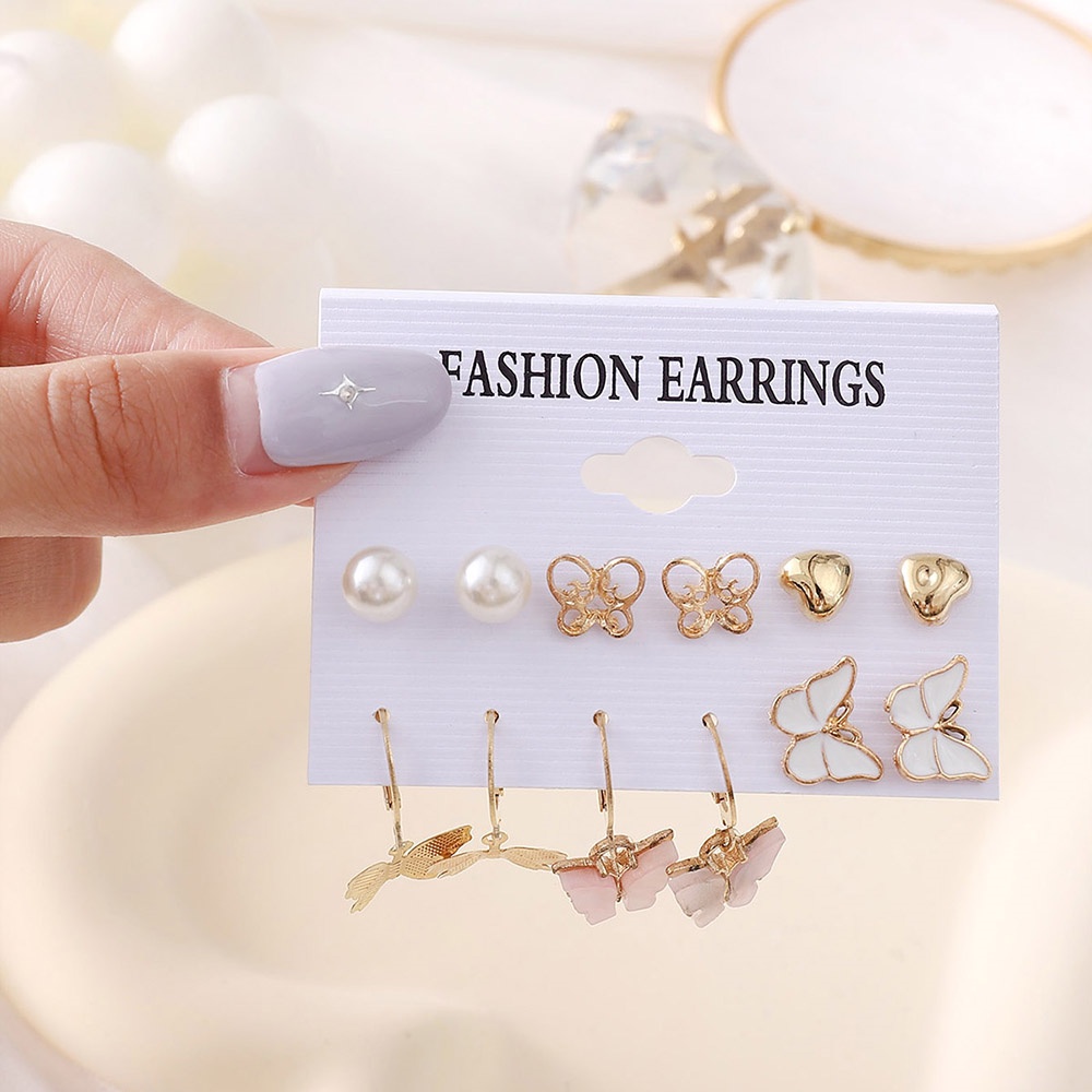 Set 6 Đôi Bông Tai Hình Bướm Đính Ngọc Trai Thời Trang Cho Nữ