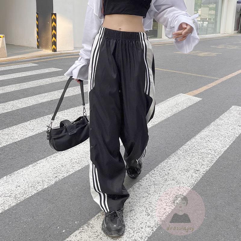 Quần Dài Thể Thao Kẻ Sọc Ngang Eo Co Giãn Có Túi Bên Hông Cho Nữ