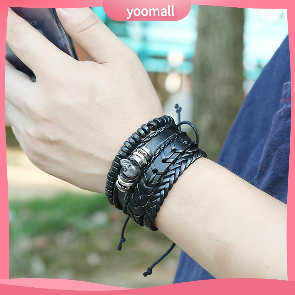 Set 4 Vòng Tay Bện Dây Mặt Đầu Lâu Phong Cách Vintage Cho Nam